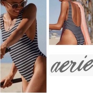 Aerie black & white horizontal striped XL long  one piece swim suit